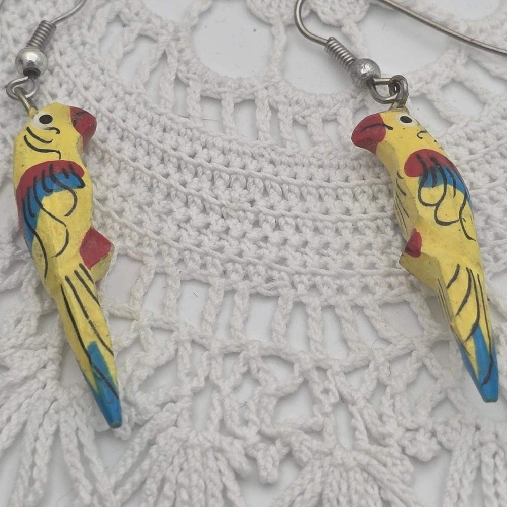 Vintage Hand Painted Wood Parrot Drop Earrings Tropical Bird Yellow Red Blue